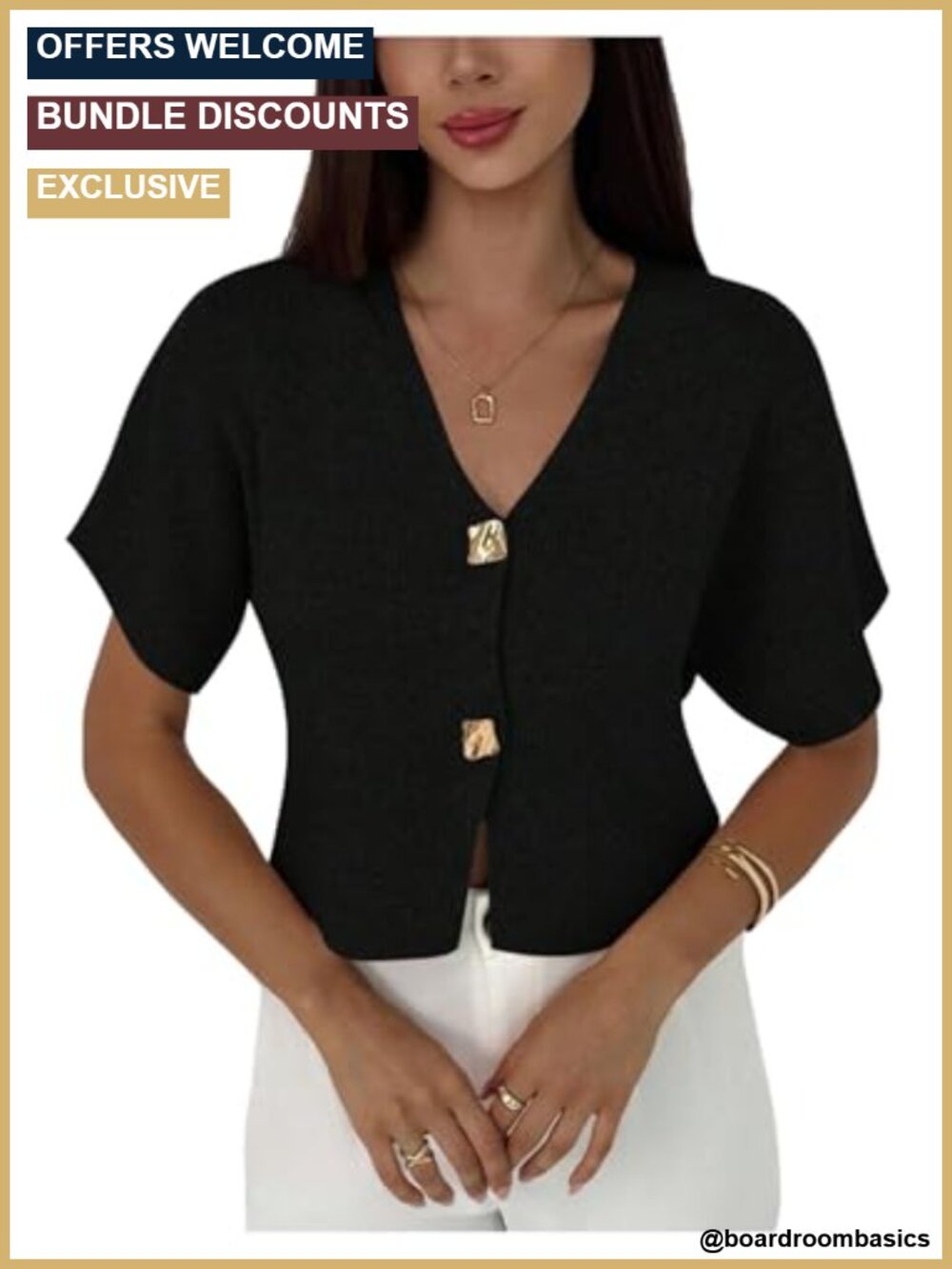 V-Neck Button Front Short Sleeve Rib Knit Cardigan Soft Lightweight